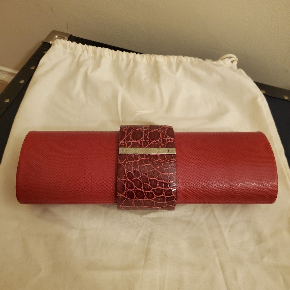 Baraboux Reema red karung and crocodile clutch